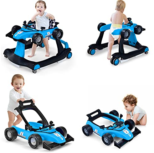 LIFEZEAL 4 in 1 Lauflernhilfe Baby, Höhenverstellbares & Klappbares Babywalker, Baby Gehfrei ab 6 Monate, Laufwagen mit einstellbarer Geschwindigkeit, Licht & Musik (blau)