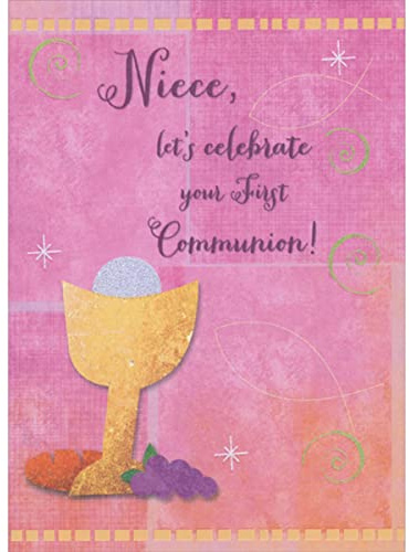 Designer Greetings Simple Gold Chalice, Sparkling Glitter Host, Grapes and Bread on Pink Background 1st / First Communion Congratulations Card for Niece
