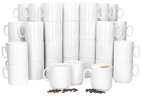 MamboCat Event 48er Set Kaffeebecher I 250 ml I weiße Porzellan-Becher mit Henkel 48 Personen I stapelbare Tassen für Heißgetränke wie Tee, Kakao, Latte Macchiato & Co I schickes Kaffee-Geschirr