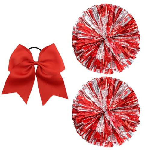 HugeDE 2 Pcs Cheerleading Pom Poms Metallic Cheer Pom Poms Cheer Costume Accessories with Large Cheerleader Hair Bow for Team Spirit Sports Dance Cheering Red Silver