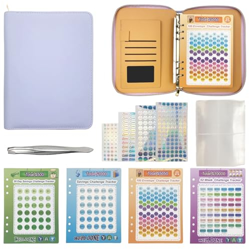 25 Briefumschläge mit laminiertem Tracking-Blatt und Reißverschluss-Organizer für 500, 1000, 5050, 10000, Lila