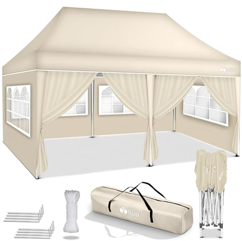 tillvex Pavillon 3x6m wasserdicht | Pop-Up Faltpavillon höhenverstellbar | Gartenzelt UV Schutz 50+ | Partyzelt mit Tasche für Garten (Beige - mit 6 Seitenteilen)