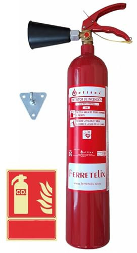 FERRETELIX® Extintor CO₂ 2 kg – Alta Eficacia – Incluye Cartel Homologado, Soporte de Pared y Difusor – Ideal para Oficinas, Talleres, Cocinas y Vehículos Industriales
