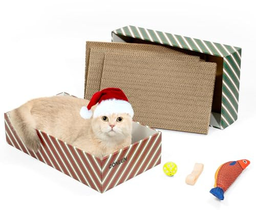 Conlun Cat Scratcher Box with 4 Cat Scratching Board&2 Separate Cardboard Boxes&1 Toy Ball&1 Fish Catnip Toy,2-in-1 Scratch Box for Multiple Kitten Play, Holiday Kitty Toys Gift