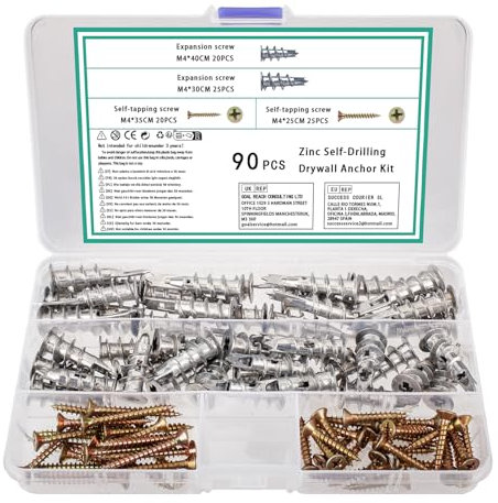 90 STK M4 Selbstbohrender Rigipsdübel, Metall Gipskartondübel mit Schrauben, Hohlraumdübel Trockenbau Dübel mit Selbstschneidende Schrauben Zur Befestigung In Gipsbauplatten Beton Ziegeln