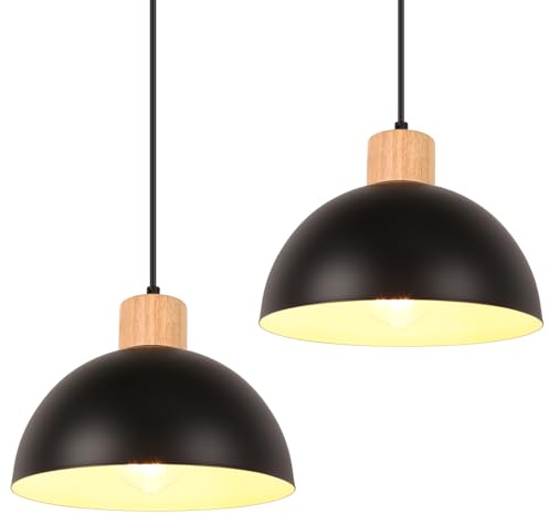 iDEGU 2 Stück Hängelampen Retro E27 LED Hängeleuchte Moderne Skandinavisch Deckenleuchte aus Metall Holz Pendelleuchte für Schlafzimmer Esszimmer Küche Restaurant (25cm, Schwarz, 2 Lampen)