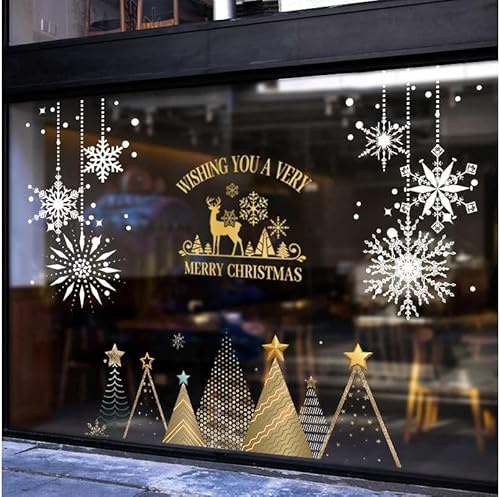 300 Pcs Large Christmas Window Stickers, Xmas Window Stickers Clings Reusable, Double Sided Window Sticker Christmas Scene for Shop Xmas Decorations with Snowflake,Reindeer,Tree for Glass Decals
