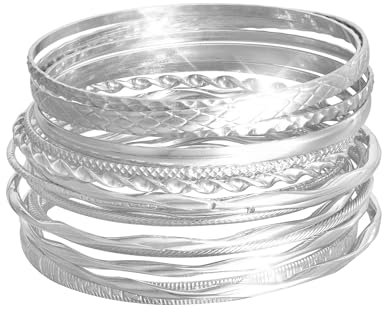 MILAKOO 15PCS Silber Multi Layer Stapelbar Strukturierte Armbänder Indische Welle Armreif für Frauen Minimalistische Manschette