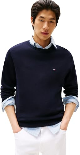 Tommy Hilfiger Men's Cotton Solid Crewneck Sweater Lightweight Pullover, Also Available in Big & Tall, Desert Sky, L