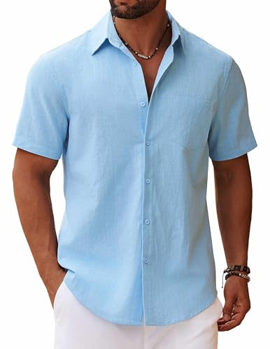 COOFANDY Men's Short Sleeve Button Down Linen Shirt Casual Untucked Chambray Shirt with Pocket Clear Blue