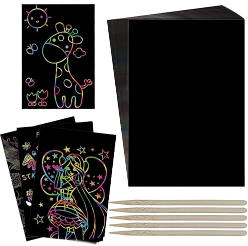 50Pcs Rainbow Scratch Art, Leaves Rainbow Scratch Paper with 5 Wooden Pencils, Scratch Art Paper for Kids, Magic Scratch Book, Scratch Picture Set for Drawing and Crafts for Boys Girls DIY