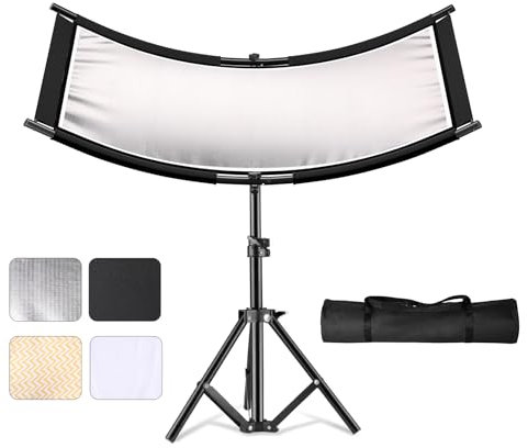 Soonpho Difusor Reflector de Luz Clamshell con Soporte y Bolsa de Transporte Reflector de Iluminación Curvo 110 * 50cm,4 en 1 Clamshell difusor para fotografía Estudio,Negro/Blanco/Dorado/Plateado