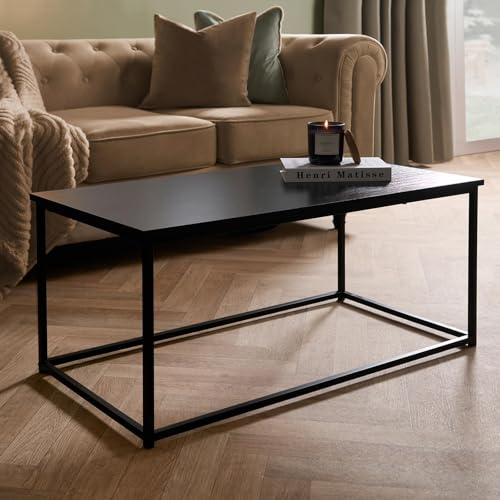 OHS Coffee Side Table with Metal Frame, Modern Wooden Top Stylish & Durable Industrial Centre Table For Living Room Office & Small Spaces Easy Assembly, Black-90x48x40cm