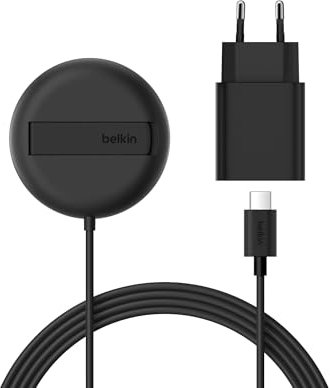 Belkin Cargador Inalámbrico Compatible con MagSafe, Base de Carga Magnética 15W, Certificación Qi2, iPhone 17, Air, Samsung Galaxy S25, Pixelsnap y AirPods - con Fuente de alimentación - Negro