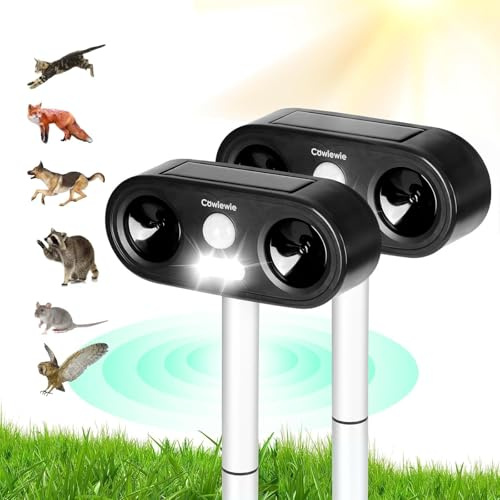 Cowiewie Repellente per gatti a ultrasuoni per giardino, ricarica solare e USB, deterrente per gatti con ultrasuoni e flash LED, repellente impermeabile per animali per volpi, gatti, cani, piccioni