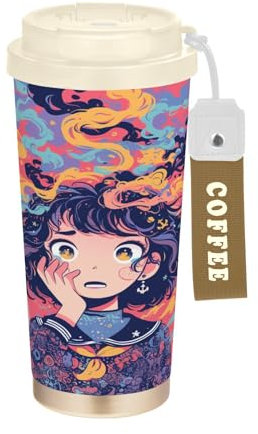 linqin Anxious Girl - Vaso de viaje para café borgoña con tapa, taza térmica de acero inoxidable para bebidas frías y calientes, 17 onzas, a prueba de fugas