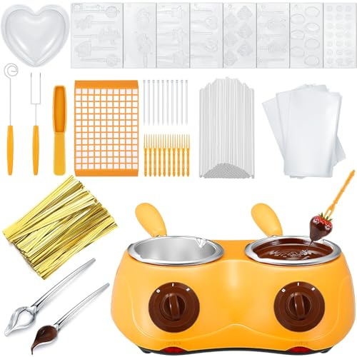 Umigy Electric Melting Chocolate Pot Gift Set Mini Fondue Fountain Pot Kit Double Furnace Melting with DIY Mold and Accessories for Candy Chocolate Milk Cheese Candy (Yellow)
