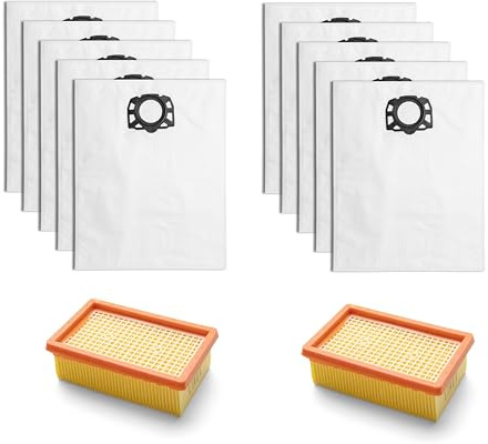 Staubbeutel Filter Zubehör Set - 2 HEPA Flachfilter und 10 Staubsaugerbeutel, Kompatibel mit Kärcher WD4 WD5 WD6 MV4 MV5 MV6, Teilenummer 2.863-005.0 und 2.863-006.0
