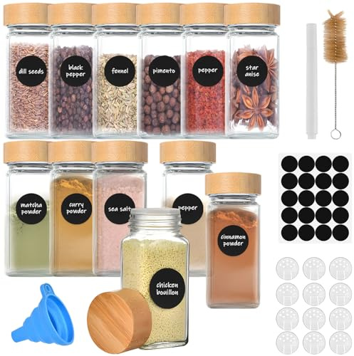 12Pcs Barattoli Spezie Vetro con Coperchio in Bambù, Contenitori Spezie Trasparente Cucina Cucinaper Vasetti Spezien Portaspezie Zuccheriera Inclusi Setaccio, Etichette, Spazzola, Lmbuto, Penna
