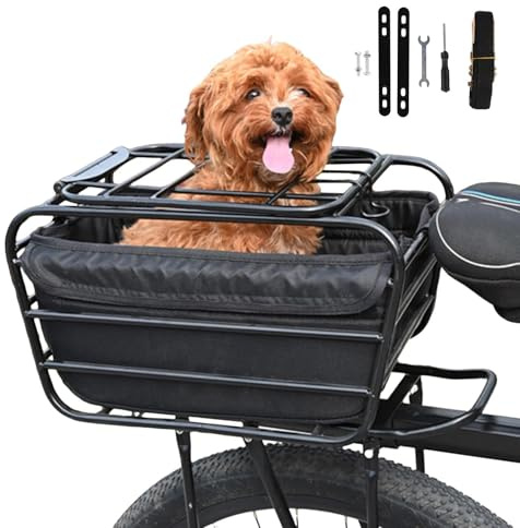 Cesta de Bicicleta para Perros en Portaequipajes Trasero - Transportador de Mascotas con Tapa de Bloqueo y Marco de Acero | Canasta de Bici Segura para Perros Pequeños y Gatos hasta 3kg