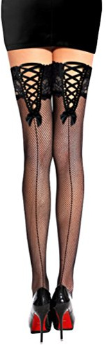 PrettyLoveHose Bas Resille Noir Dentelle Lacet Noir Rouge Noeud Effet Couture Autofixant Silicone, Noir, Taille Unique T1 à T3 (36-38-40)