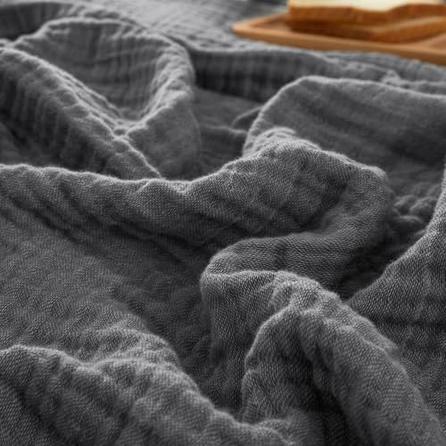 PHF 100% Cotton Muslin Blanket King Size 108x90, 4-Layer Lightweight Gauze Throw, Breathable Cloud-Soft Minimalist Blanket for Bed, Couch, Camping & Baby, Greyish Black, Ideal Gift