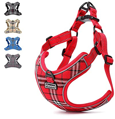 Elevant Arnés Perro Ajustable Reflectante, Arnés Antitirones Suave Acolchado Cómodo Transpirable Arnés Chaleco para Cachorros Perros Pequeños Mediano Grande (M, Rojo Cuadros)
