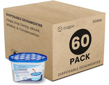 CUQOO Disposable Dehumidifier - 500ml Pack of 60, Damp & Moisture Absorber, Dehumidifiers for Damp, Mould, Kitchen, Wardrobe, Bedroom, Caravan, Office, Garage, Bathroom Condensation Remover