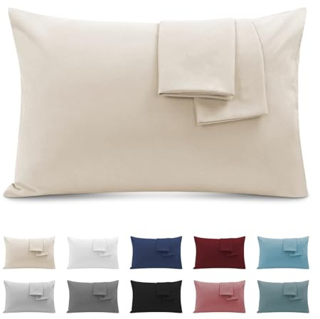 Federe Cuscini Letto Matrimoniale 50x80cm, Set 2 Federe Oeko-TEX in Premium Microfibra 110GSM con Invisibile Cerniera, Morbida e Traspirante, Ipoallergenica - Beige