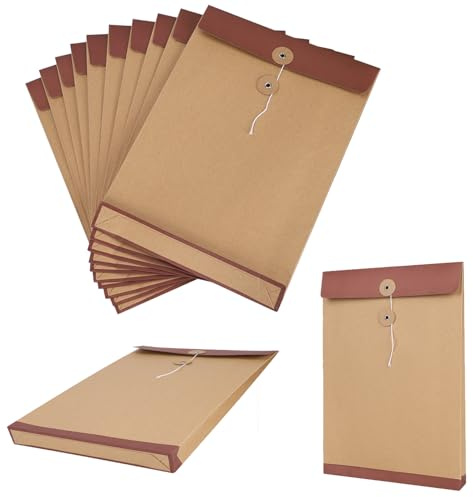 Lot de 10 enveloppes en papier kraft de grande capacité - Pochette Porte Document - Format A4 - 34 x 24 cm - Avec fermeture à bouton - Pour bureau, école - Marron