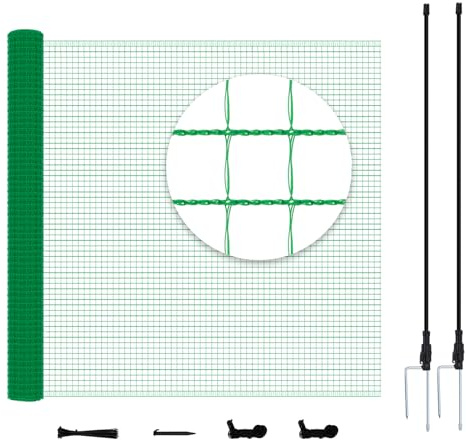 WOLTU Fjäderfänät, grönt nät för staket med stolpar 25 x 1,2 m, stickat trädgårdsstaket med pinnar, rep och buntar, för frukter, gårdar, djur, grönsaksträdgårdar, PE 53 g/m², grön