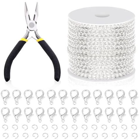 Swpeet 102 st silver 3 mm med 10 m längd smycken tillverkning kedjor kit med hoppringar, hummer förslutningar och smycken tång, halsband kedjor kabellänk kedja bulk perfekt för gör-det-själv kedja