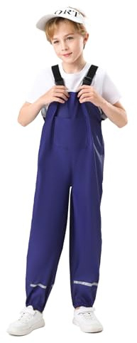 ALIWINER Kids Navy Blue Waterproof Rain Pants Dirty Proof Suspender Trousers for Boy Girl Size XS Approx 98cm Height