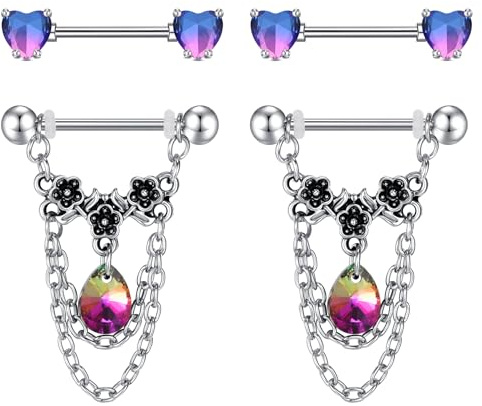 AVYRING 2 paia di anelli per capezzoli, in argento con catene di cristallo floreali, barrette in acciaio inox con cuore a cuore, 14g