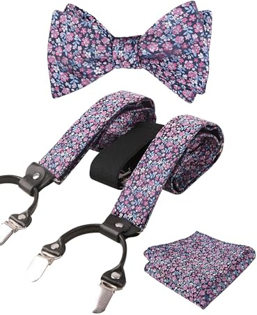Alizeal - Set con papillon da uomo, motivo floreale classico colorato, già legato, fazzoletto quadrato e bretelle regolabili a Y con 6 clip, Taglia unica