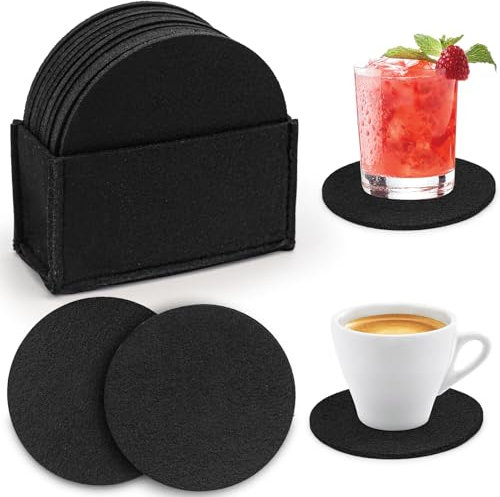 12 Stück Saugfähige Filzuntersetzer Rund 10cm, Schwarz Mit Aufbewahrungsbox, Rutschfester Wärmedämmung Glasuntersetzer, Waschbar für Gläser, Getränke, Bar