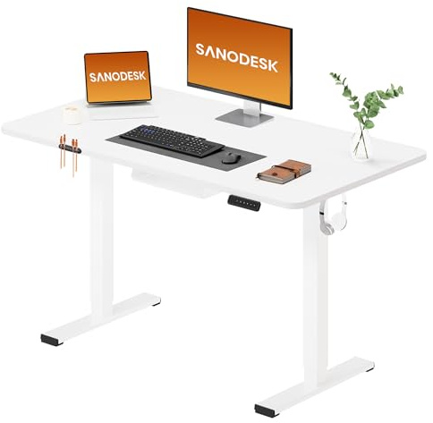 SANODESK Electric Standing Desk ONE PIECE 110 * 54 Height Adjustable Desk With Memory Smart Panel Sit Stand Table With for Home Office (White Frame+ White Desktop)