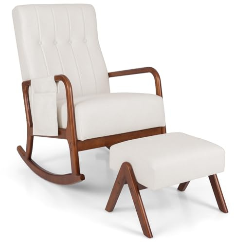 RELAX4LIFE Poltrona a Dondolo con Poggiapiedi, Sedia a Dondolo Imbottita in Legno con Schienale Alto e Tasca Laterale, Sedia Moderna con Pouf per Soggiorno, Camera da Letto