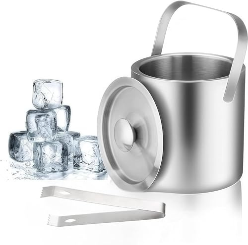 Double Walled Stainless Steel Insulated Ice Bucket,1.3 L with Lid & Tongs Double Wall Ice Bucket,Perfect for BBQs, Parties, Bars, Clubs, Restaurants