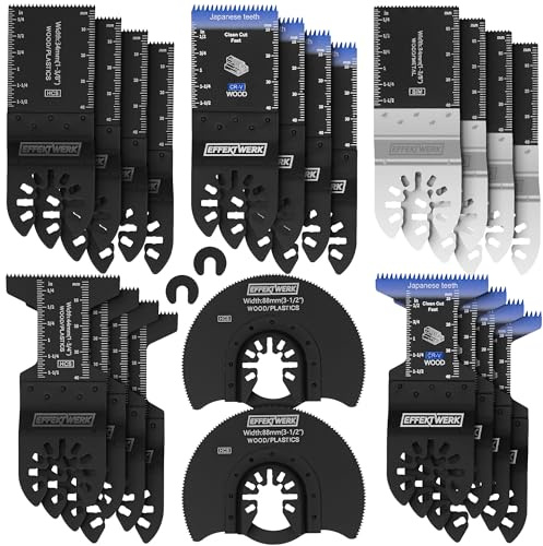 EffektWerk - Juego de 25 Hojas de Sierra Multiherramienta - Accesorios de Herramienta Oscilante para Cortar Madera, Plástico, Metal - Hojas de Corte Vibrantes Universales con Adaptadores