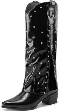 Stivali Alti da Donna con Gambale Largo - Stivali a metà Polpaccio Comodi e Antiscivolo per concerti, Matrimoni, Viaggi, Lavoro,Nero,37 EU