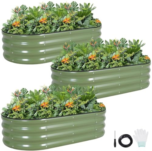 Galvaniserad metall upphöjd trädgårdssängsats – 120 x 60 x 30 cm utomhus planteringslåda med säkerhetskant och handskar för grönsaker, frukt, blommor. Grön-3-pack