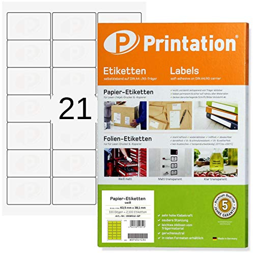 Printation Etichette indirizzi C6 63,5 x 38,1 mm - 2100 Etichette adesive 63,5x38,1-100 fogli A4 adesivi per stampante 3x7-21 Etichette per Foglio - angoli arrotondati, bianco C6 4677 L7160 3422