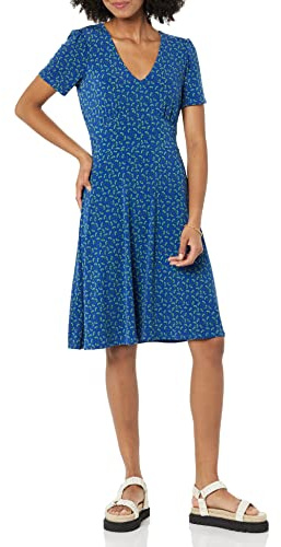 Amazon Essentials Mujer Vestido Acampanado Fruncido con Cuello en Pico y Manga Corta