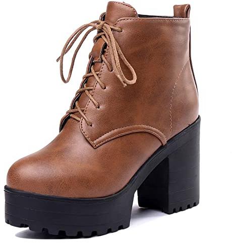 Lroey Reoly Botines Mujer Tacón Chunky, Botas de Combate Tacón Alto Punta Rojoonda Botín Cordones Plataforma 137 Marrón/Br Talla 33 EU