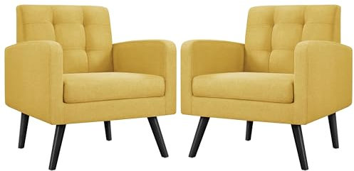 Yaheetech Modern Armchair, Mid-Century Accent Chair with Button Tufted Back&Wood Legs for Living Room/Bedroom/Office, 2 PCS, Yellow