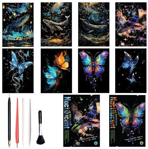 Georgie Porgy Scratch Art Paper Set DIY Arts Craft Kits for Kids Magic Rainbow Cards Boards Christmas Birthday Present for Boys Girls (Glow in the Dark Butterfly + Whale)