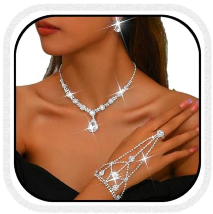 Fashband Rhinestone Wedding Bridal Jewelry Set Silver Sparkly Earrings Bracelet Prom Necklace Jewelry Accessories for Women