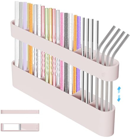 XYOFUN Silicone Straw Holder, 6 Slots Self-Adhesive Straw Dispenser Storage Organizer for Kitchen Counters/Cupboards/Refrigerator - Pink