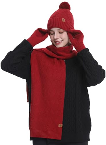 MAZELIKEHOOD Hat Scarf Gloves Set for Women 3Pcs Winter Ladies Warm Knitted Beanie Hat Gloves Scarf Neck Warmer 3 in 1 Cold Weather Set